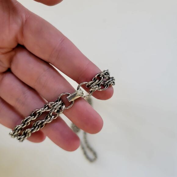 Vintage Silver Tone Double Strand Rope Chain Necklace Bold Chunky Layered Design - Picture 6 of 10